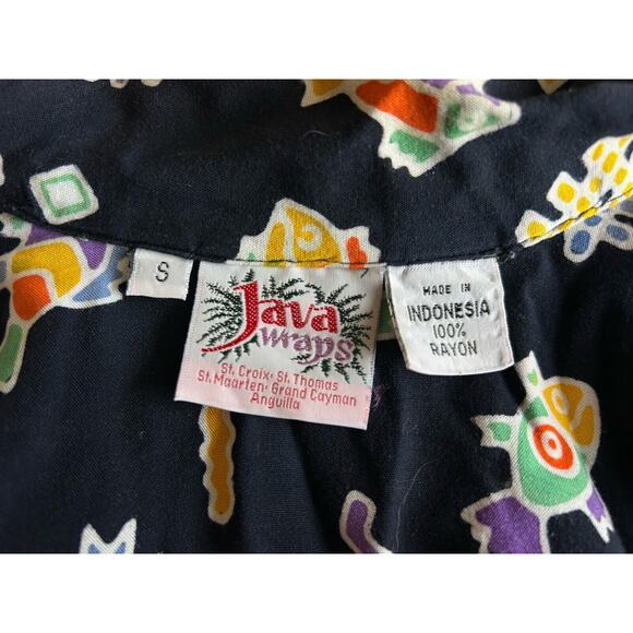 Men’s Java Wraps Dark Navy Fish 80s Print Dark Navy Button Up Shirt Rayon S - Picture 2 of 7